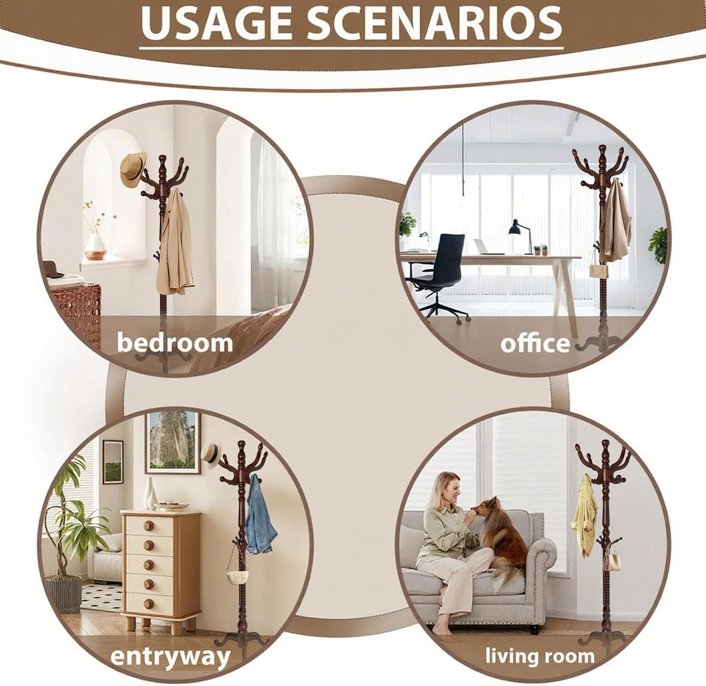 Solid Wooden Coat Rack Stand, Coat Racks Freestanding with 11 Hooks, Natural Birch Wood Coat stands with Triangle Base, Tree Coat Hanger Standing for Entryway Bedroom Office (Antique triangle)