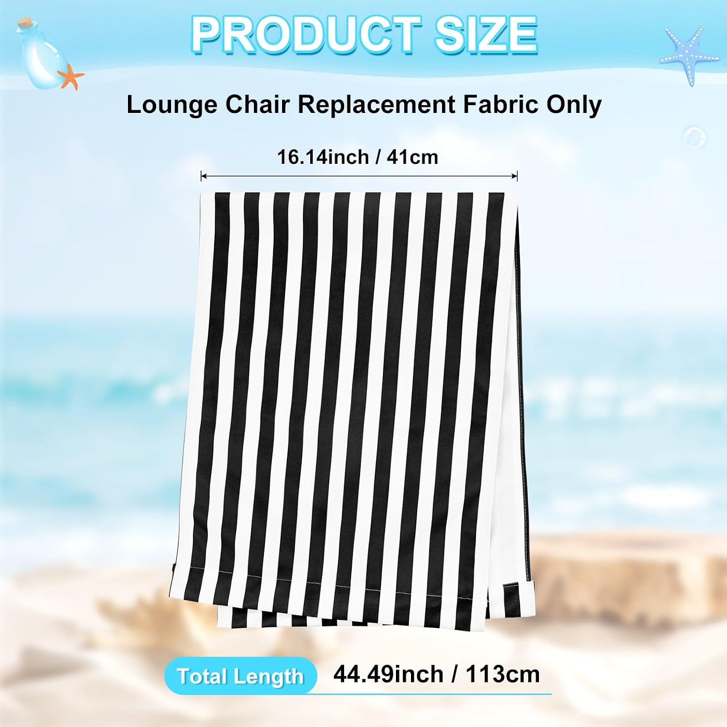 M METERXITY Beach Sling Chair Replacement Canvas, 16x44.5 Inch Folding Lounge Chair Fabric for Beach/Sunbathing/Courtyard/Garden, Outdoor Furniture Cloth [Pinstripe Black, Only Replacement]