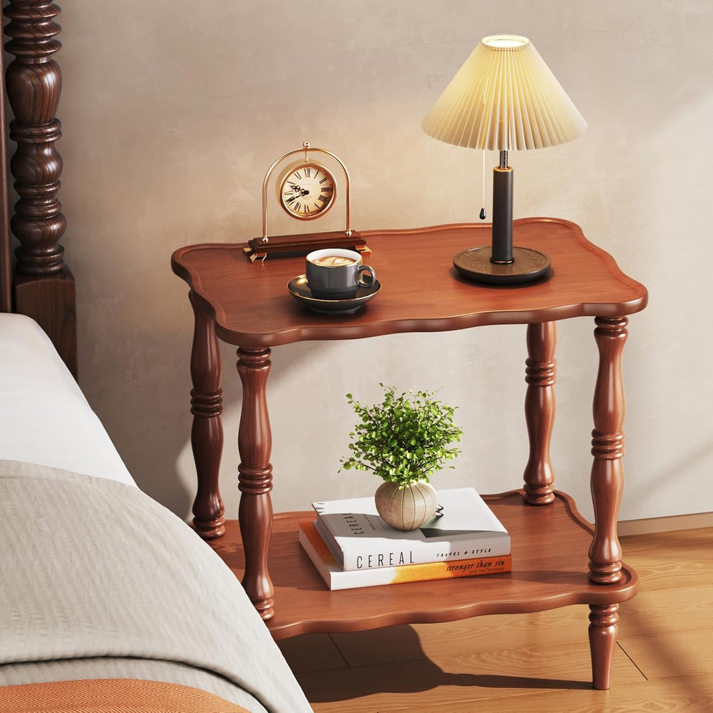 Solid Wood End Table Living Room - 23.6" H Small Narrow Rectangle Wooden End Table for Small Spaces, Dark Real Brown Solid Wood Vintage Antique Side Bedside Table Nightstand with 2-Tier Storage