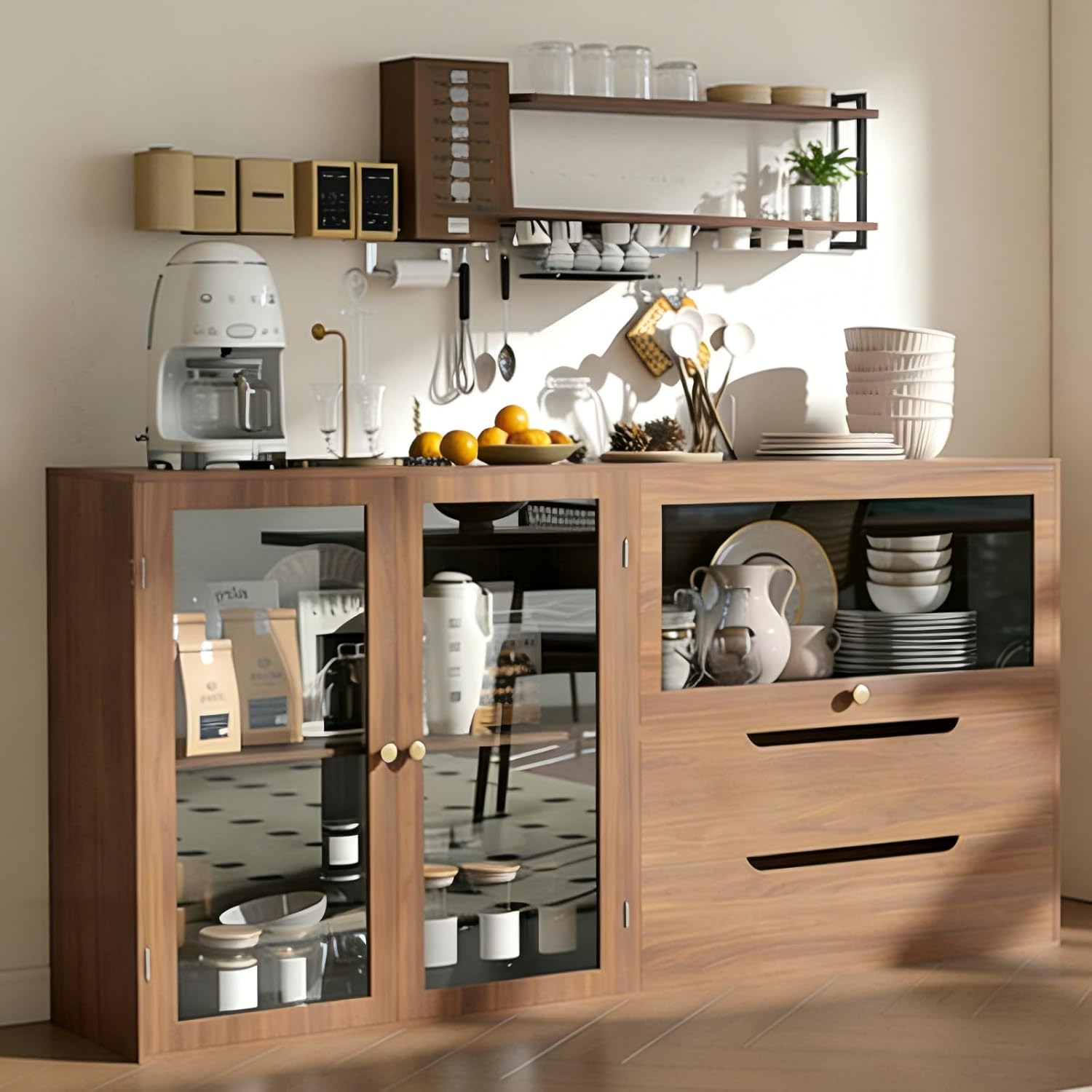 DIY Storage Cabinet 63'' Walnut - Glass Doors & Drawers Sideboard Buffet, Modern Coffee Bar for Living Room Kitchen Dining Entryway (Easy Assembly, Anti-Tip)
