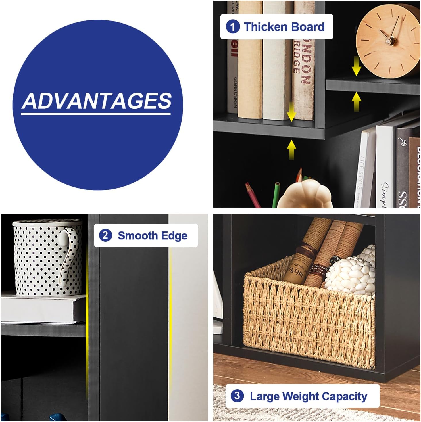 VECELO Kids Staggered 3-Cube Bookshelf, Open Storage Organizer with Multi-Size Compartments for Large Hardcover Books, Toys & Decor, for Bedroom Playroom Classroom, Black