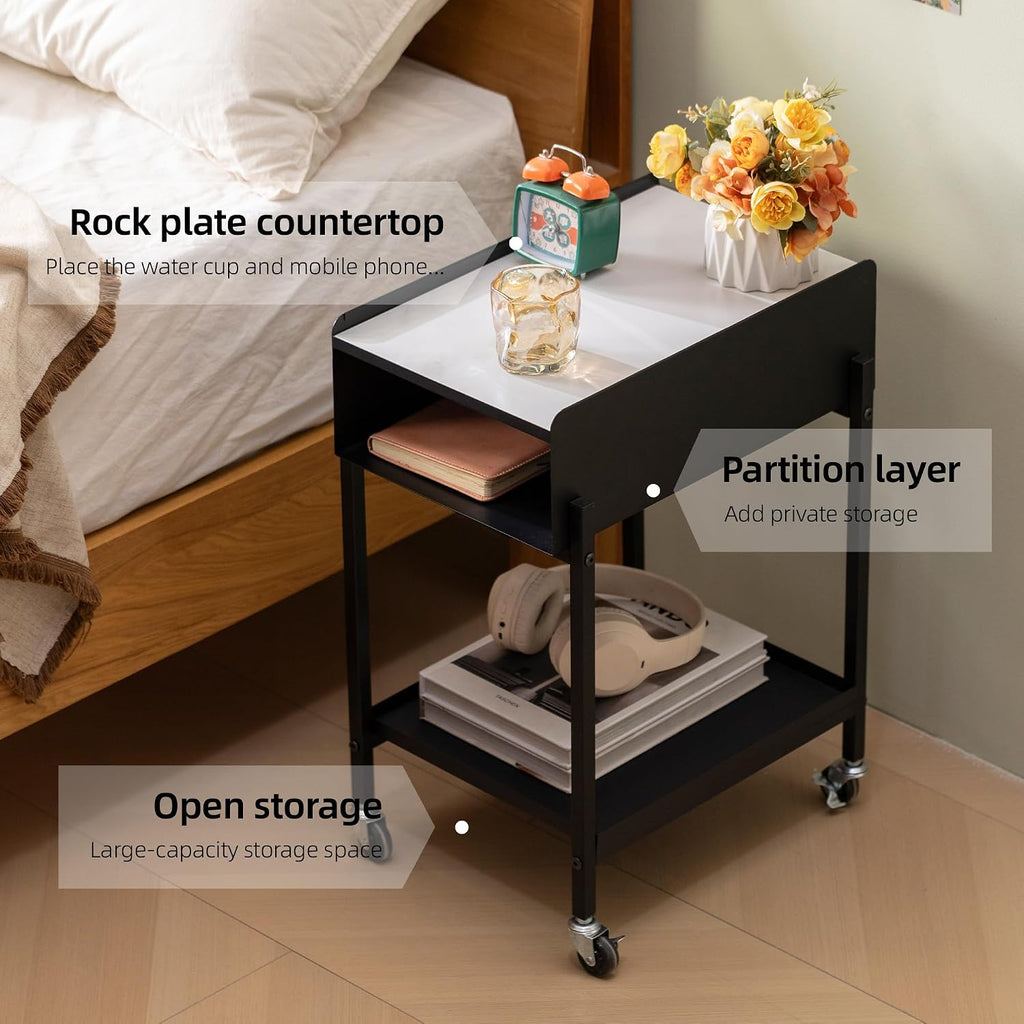 Bedside Table with Wheels Rolling Nightstand 3-Tier Sofa Side Table Modern End Table for Small Space Bedroom Office Living Room Marble Top and Open Shelf Easy Assembly (Black)