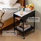 Bedside Table with Wheels Rolling Nightstand 3-Tier Sofa Side Table Modern End Table for Small Space Bedroom Office Living Room Marble Top and Open Shelf Easy Assembly (Black)