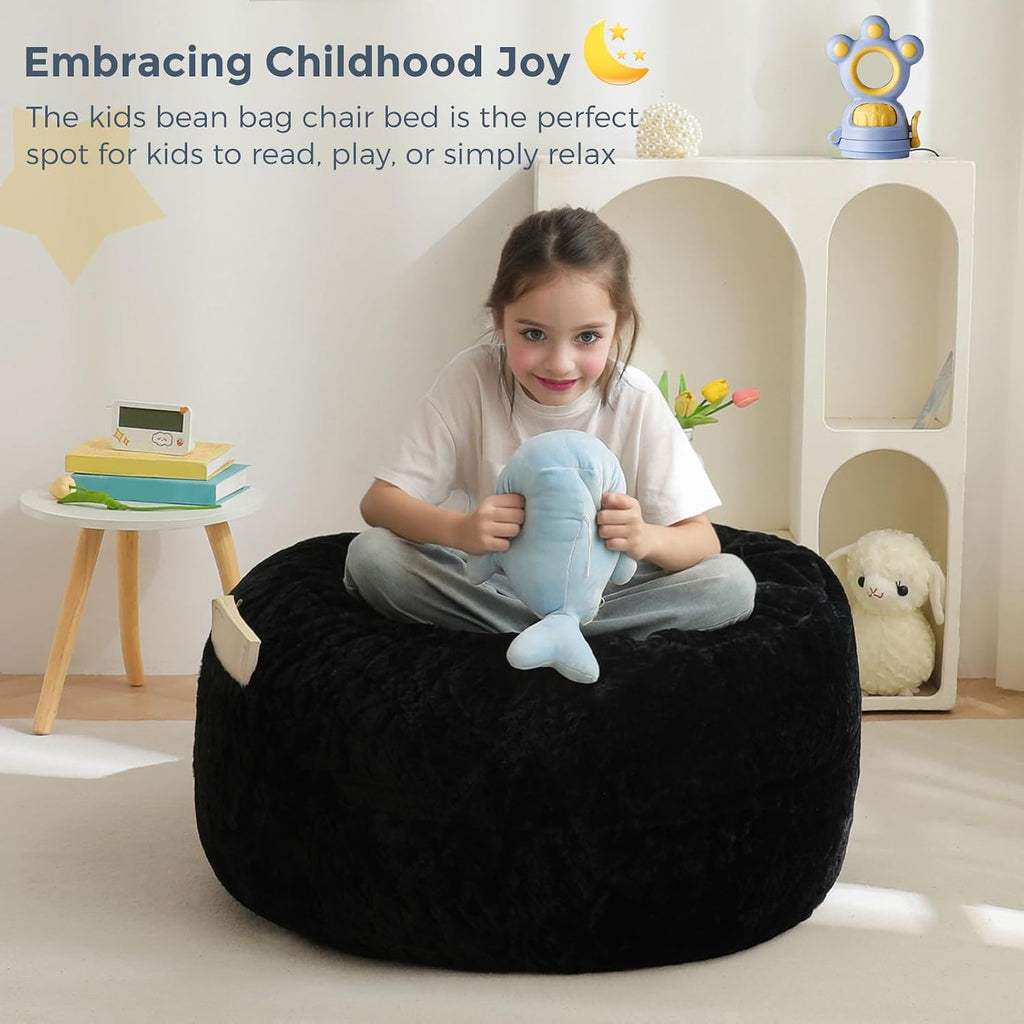 MAXYOYO Bean Bag Chair Bed for Kids, Convertible Bean Bag Folds from Lazy Chair to Floor Bed, Stuffed Floor Sofa Couch Sofa Bed for Boys and Girls, High-Density Foam Filling, Black