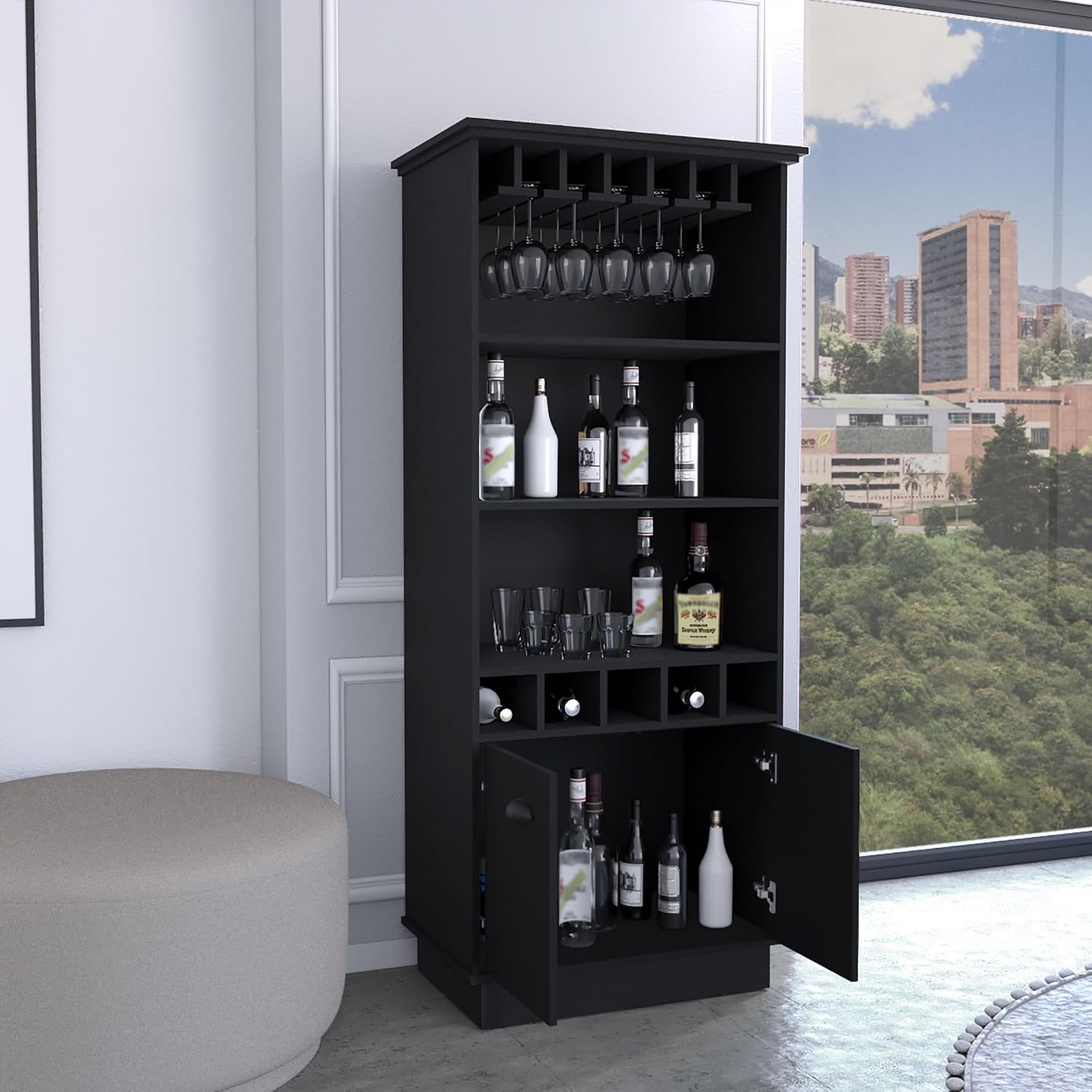 70-Inch High 10-Glass Bar Cabinet with 5 Cubbies and 3 Open Shelves and Cabinet ﻿,for Kitchen