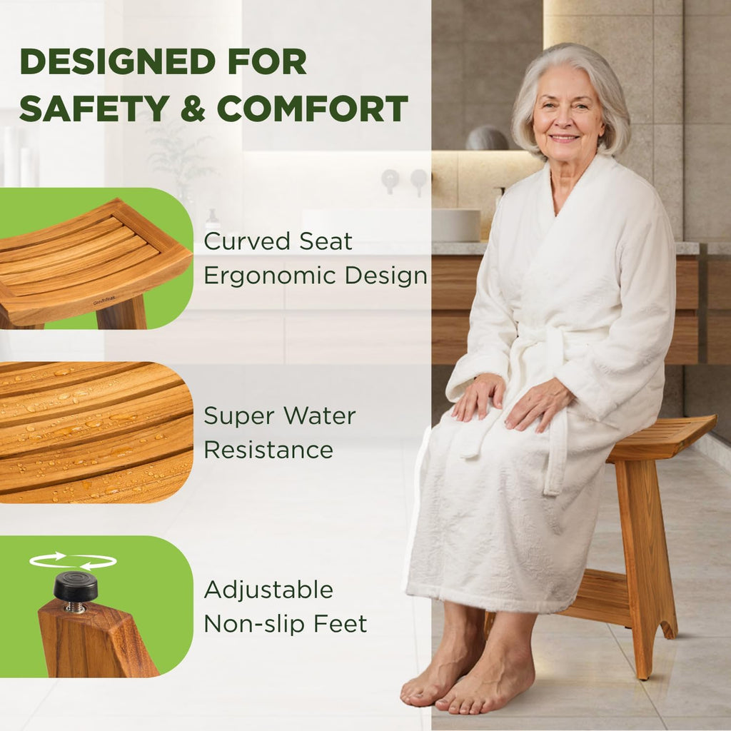Premium 18" Teak Wood Shower Bench with Shelf, 2-Tier Waterproof Teak Shower Stool, Non-Slip Feet for Enhanced Safety, Spa Bath Seat for Bathroom, Indoor & Outdoor, 300 lb Capacity (Curved)