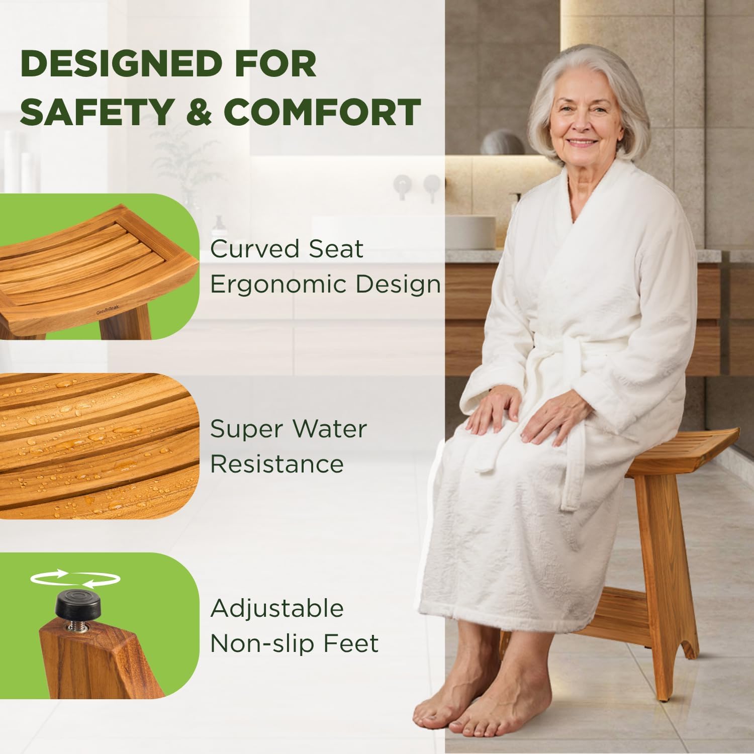 Premium 18" Teak Wood Shower Bench with Shelf, 2-Tier Waterproof Teak Shower Stool, Non-Slip Feet for Enhanced Safety, Spa Bath Seat for Bathroom, Indoor & Outdoor, 300 lb Capacity (Curved)