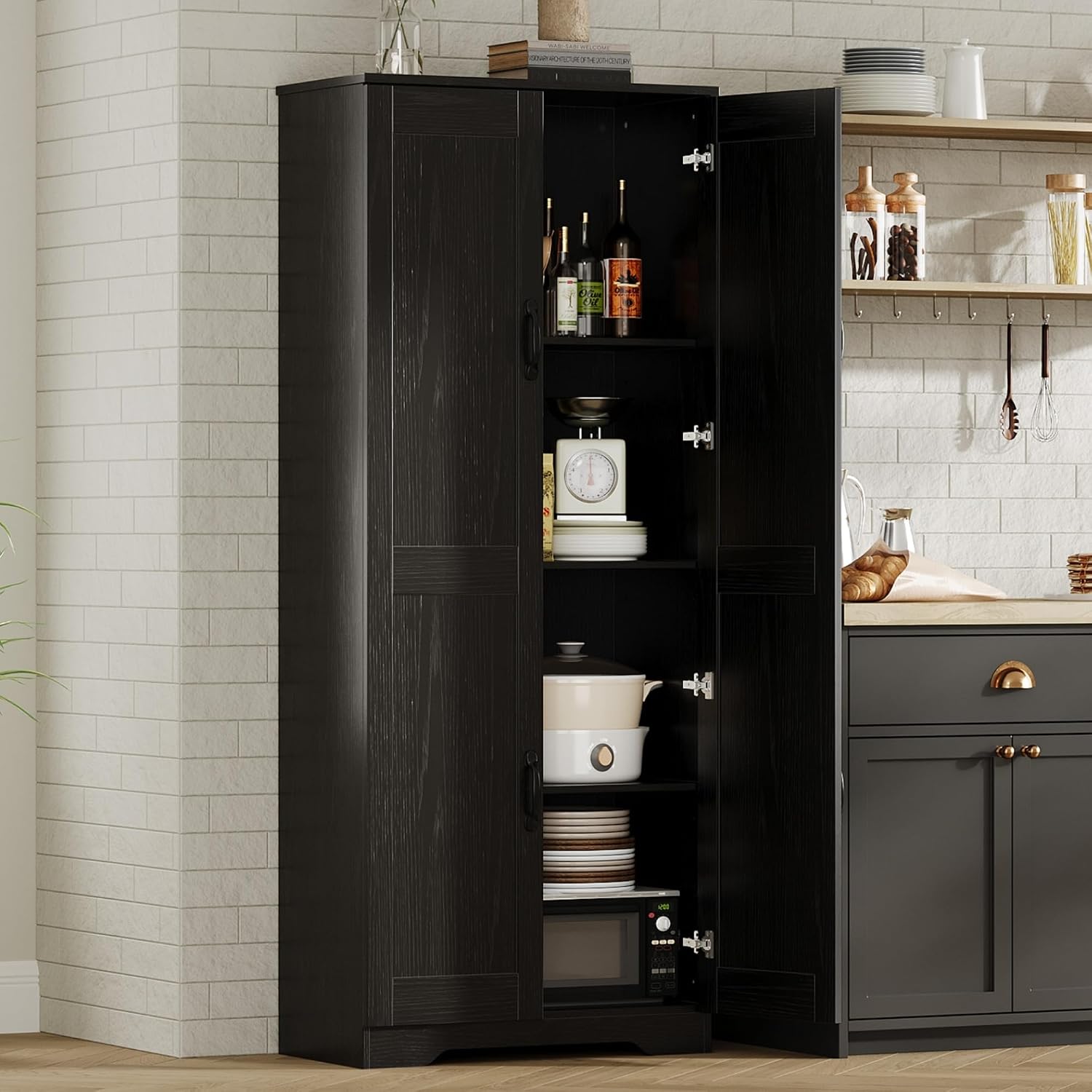 GarveeHome Tall Kitchen Pantry Cabinet, 60 in Storage Cabinet with 2 Doors and Adjustable Shelves, Freestanding Large Utility Storage Cupboard for Dining Room, Bathroom, Living Room, Black