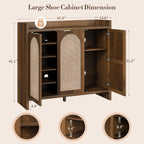 Shoe Cabinet Storage for Entryway - Rattan Accent Cabinet with 3 Doors & Adjustable Shelves, 6-Tier Large Wood Shoes Cabinets with Organizer Rack for Entry Way, Hallway, Living Room, Walnut