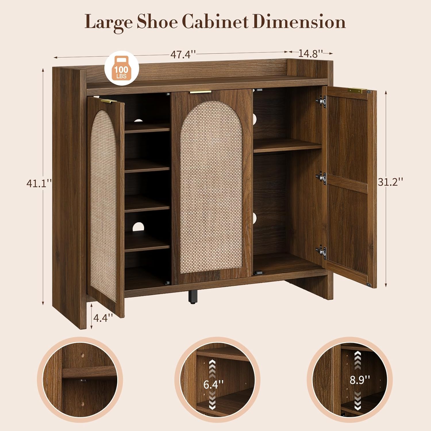 Shoe Cabinet Storage for Entryway - Rattan Accent Cabinet with 3 Doors & Adjustable Shelves, 6-Tier Large Wood Shoes Cabinets with Organizer Rack for Entry Way, Hallway, Living Room, Walnut