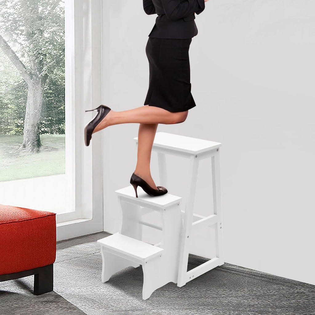 3 Tier Folding Step Stool,Wood Ladder,Folding Library Ladder Chair,Portable Multifunctional Step Stool for Home, Office,Library (White)