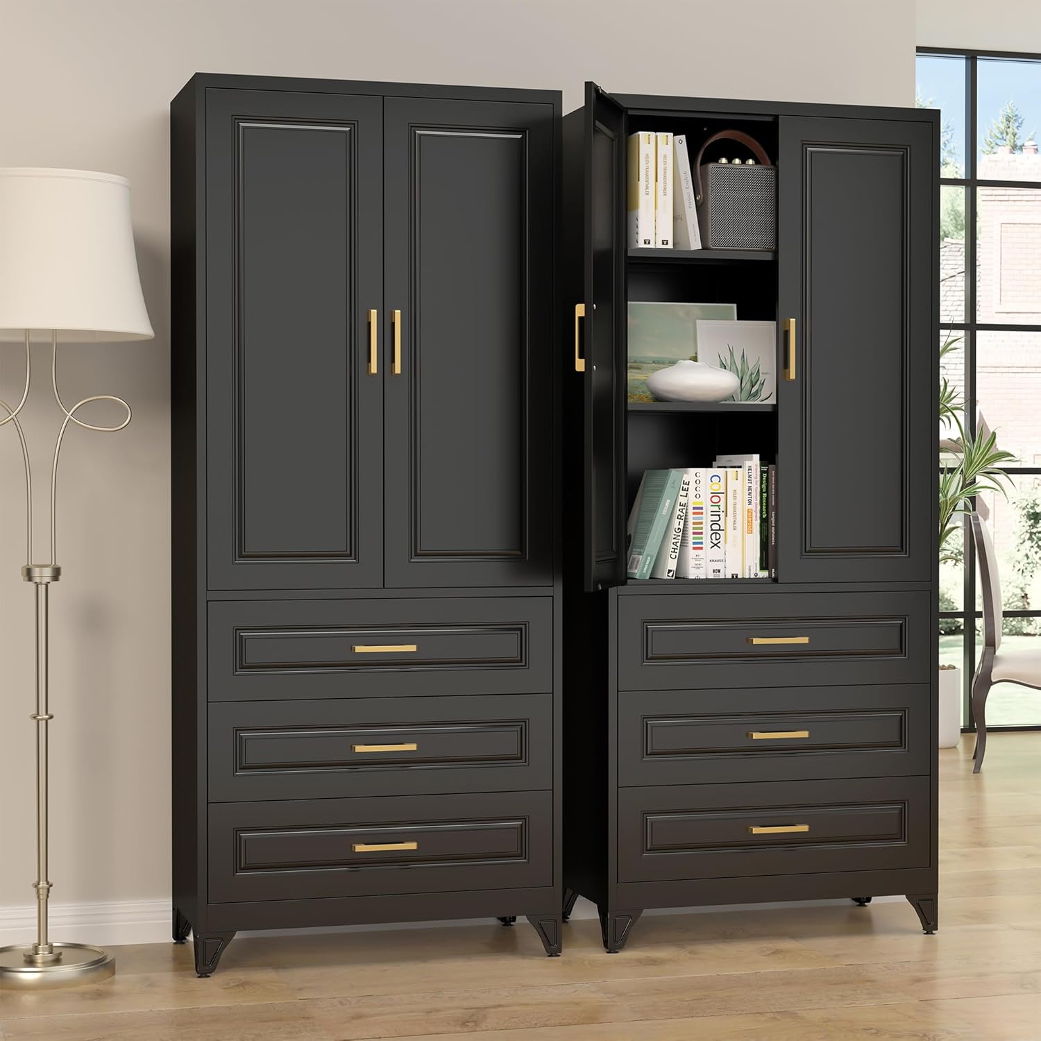 SteeLoong 75" Kitchen Pantry Cabinet with 3 Drawers,Metal Storage Cabinets with Doors and 2 Adjustable Shelves,Black Kitchen Cabinet with 2 Gold Handles,Food Cupboard for Livingroom, Bathroom,Pantry