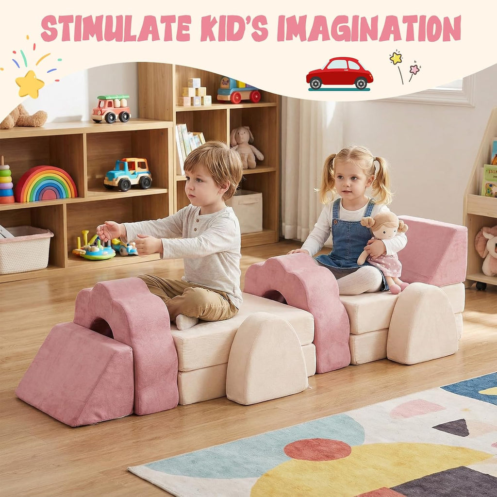 Flower Kids Play Couch 10PCS Toddler Couch High Density Foam Sectional Sofa Playroom Kids Furniture for Girls and Boys Bedroom (Pink)