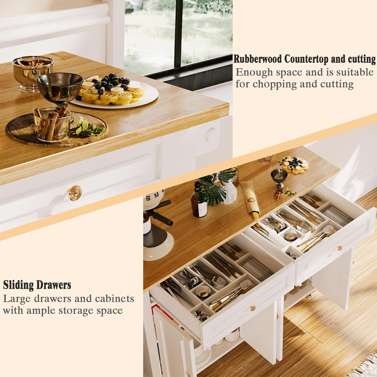 JassmiPkwy 51.2'' Rolling Kitchen Island with Drop Leaf - Kitchen Carts on Wheels with Storage, Towel Rack, Drawers Island Table for Kitchen, Dining Room, White