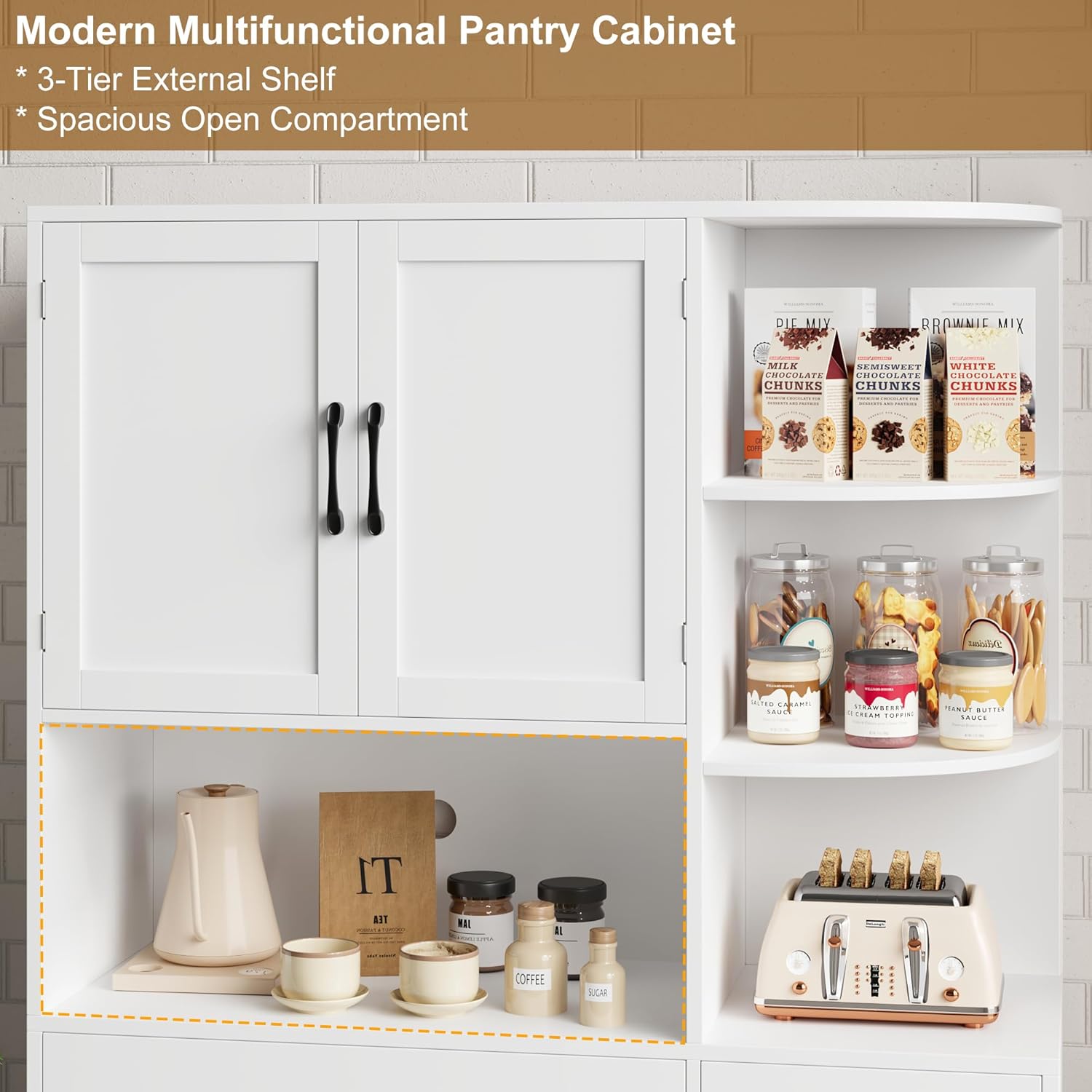 BOTLOG 67" Kitchen Pantry Cabinet, Modern Kitchen Hutch with 5 Doors and 2 Drawers, 3-Tier External Shelf, Large Pantry Storage Cabinet with Microwave Stand for Dining Room (White)