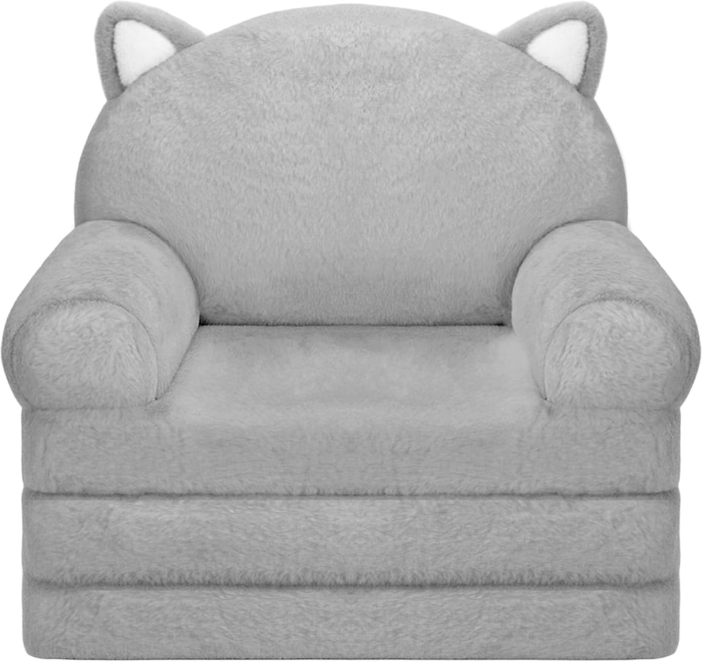 MONKISS Kids Couch, Comfy Toddler Chair, 2 in 1 Fold Out Kids Sofa, Baby Sitting Chair with Washable Cover, Toddler Furniture for Reading, TV and Playroom, Birthday Gifts, 1-4 Years Old, Grey Cat