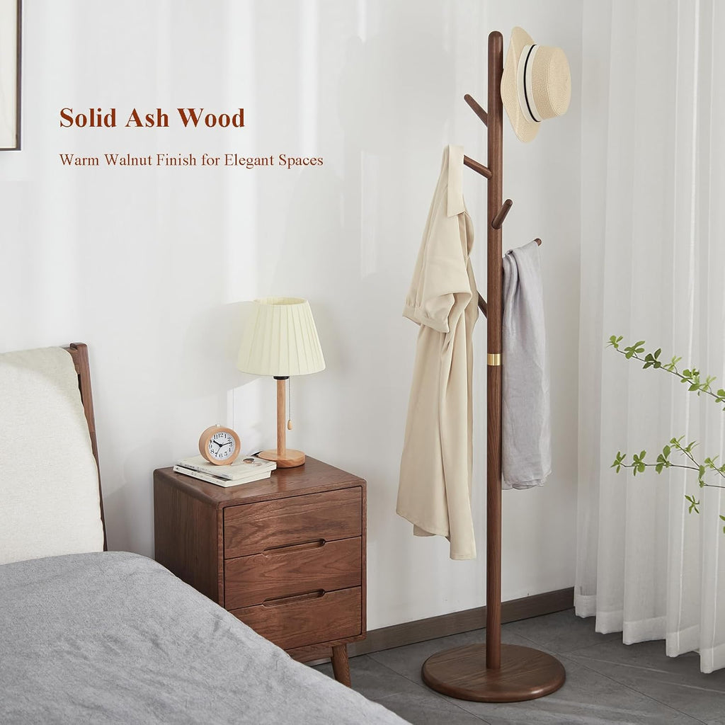 Coat Rack, Solid Wood Coat Rack Freestanding with 6 Hooks, Wooden Coat Tree Freestanding for Hats, Handbags, Coat Stand for Entryway, Bedroom, Hallway - Gift for Her (Walnut)