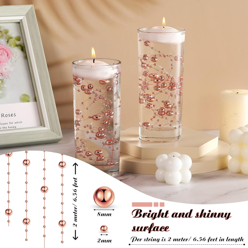 Hicarer 157 Feet 24 Strings Pearl String for Floating Candles Highlight Faux Pearl as Vase Filler Ideal for Wedding Party Garland Home Table Centerpieces Decor(Rose Gold)