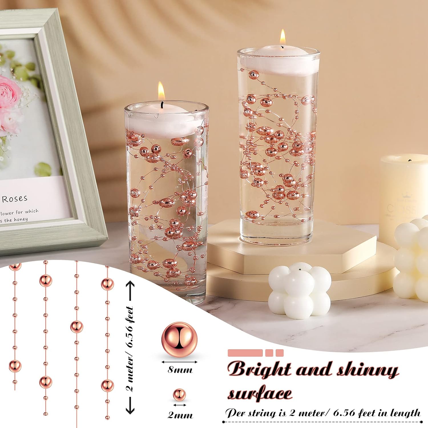 Hicarer 157 Feet 24 Strings Pearl String for Floating Candles Highlight Faux Pearl as Vase Filler Ideal for Wedding Party Garland Home Table Centerpieces Decor(Rose Gold)