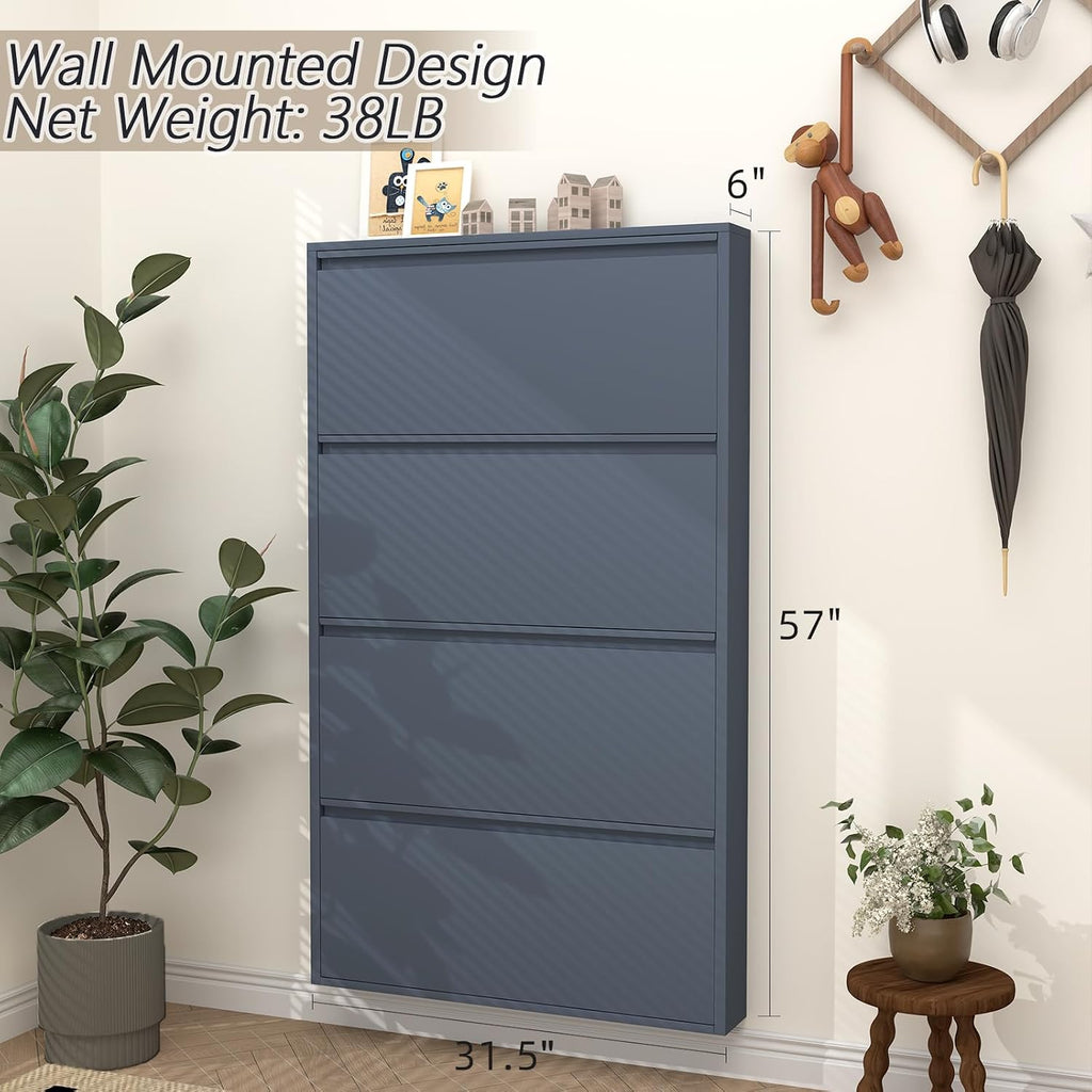 GREATMEET Shoe Cabinet with 4 Flip Drawers, Slim Metal Shoe Cabinet Storage for Entryway, Hidden Narrow Shoe Rack Organizer Cabinets Wall Mount for Living Room, Bedroom, Hallway, Blue