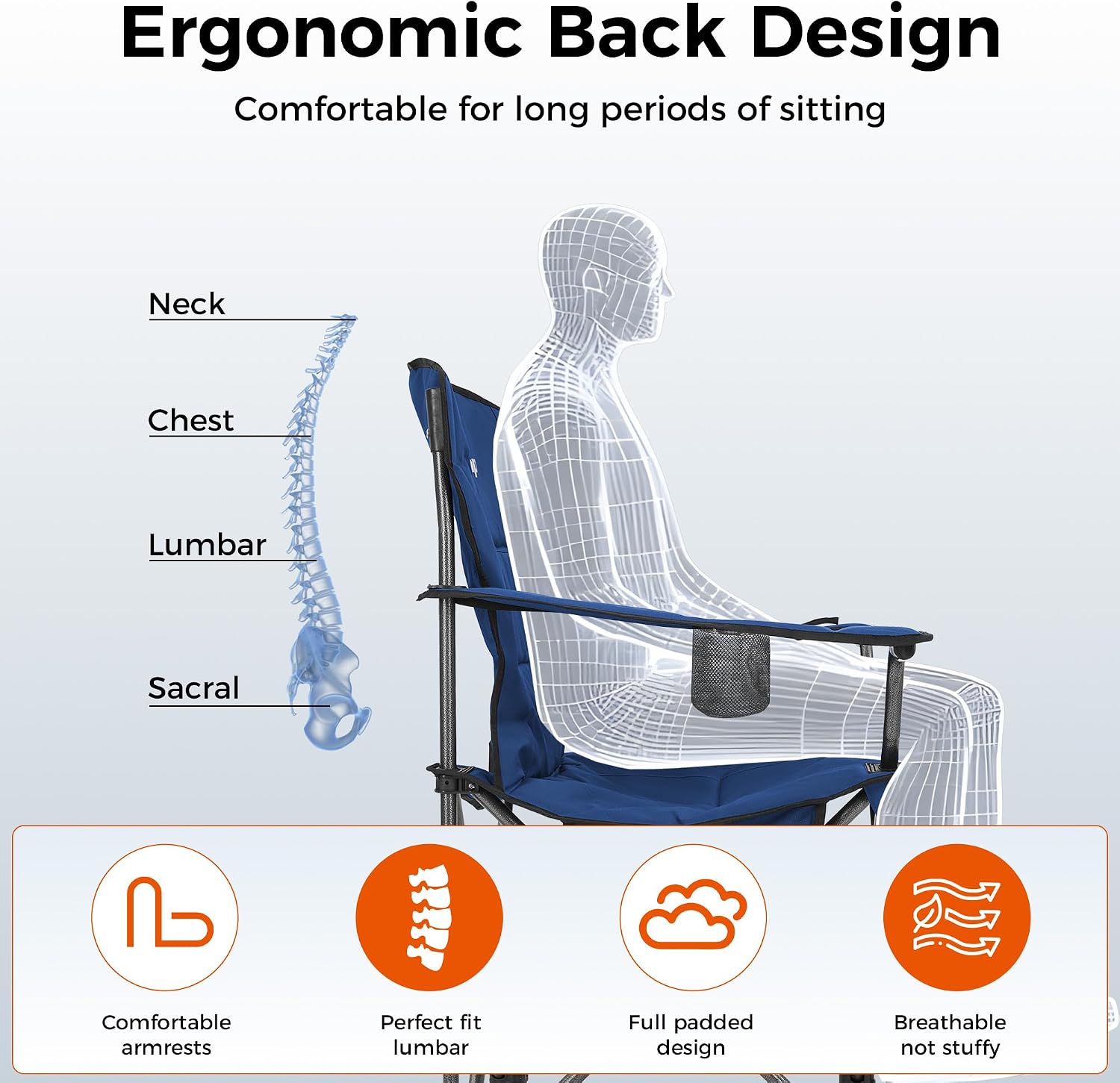 KingCamp Oversized Heavy Duty Camping Chair, Padded Folding Lawn Chair with Cooler Bag & Cup Holder, Portable Outdoor Chair with Lumbar Support for Tailgating Sports Patio Beach, Blue