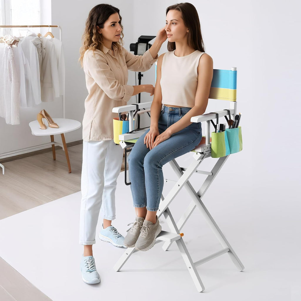 OmySalon Director's Chair 31" Height Folding Portable w/Storage Pouch & Footrest, Makeup Artist Chair for Salon, Events, Mobile, 250lb Capacity, White Wood Frame & Colorful Canvas Seat