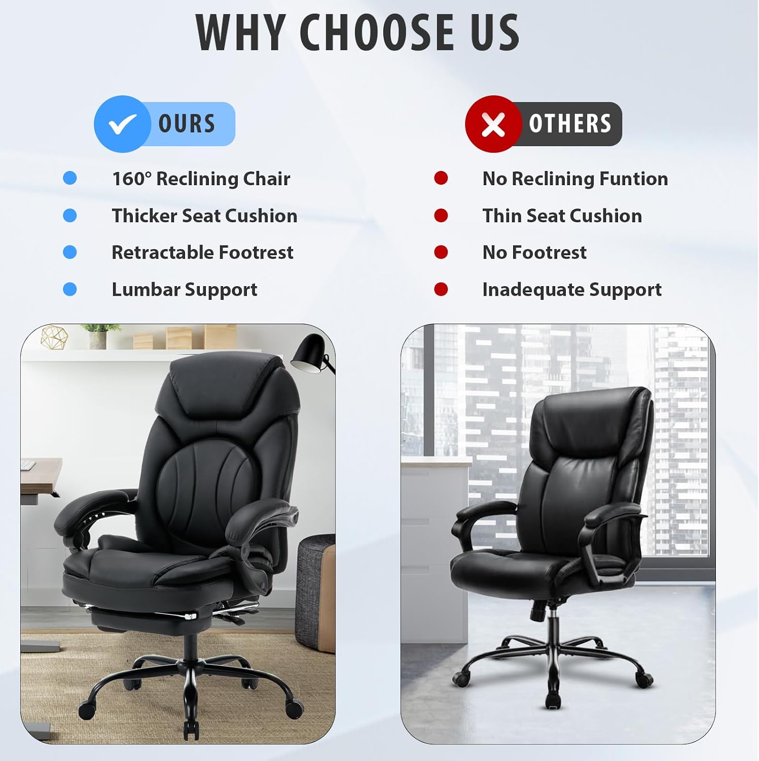 400lbs Reclining Office Desk Chairs with Footrest Back Support PU Leather High Back Wide Seat Recliner Executive Office Chairs for Women, Big Tall Managerial Chairs, Black