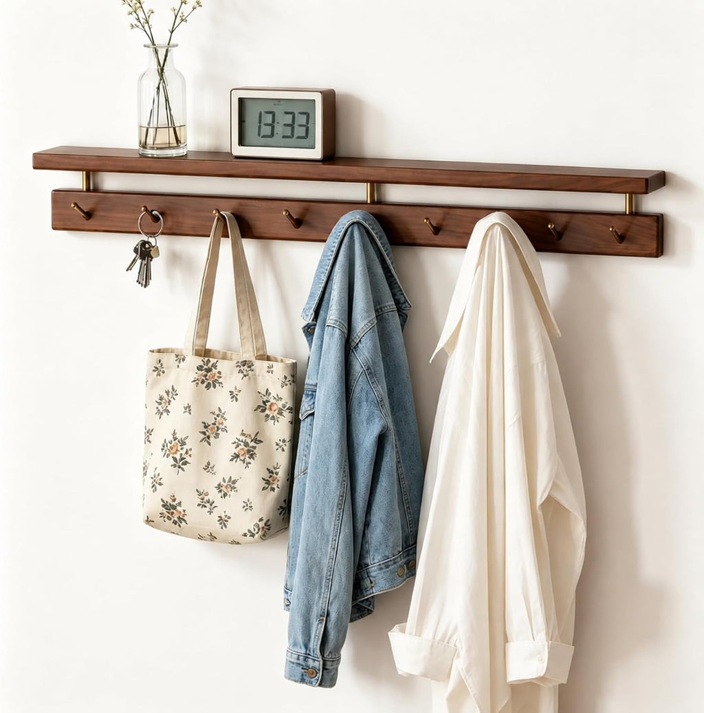 Wall Mounted Coat Rack, Solid Wood Wall Coat Rack with Shelf 9 Brass Hooks, Hanging Storage for Hats, Clothes, Towels, Bags, Entryway-Walnut