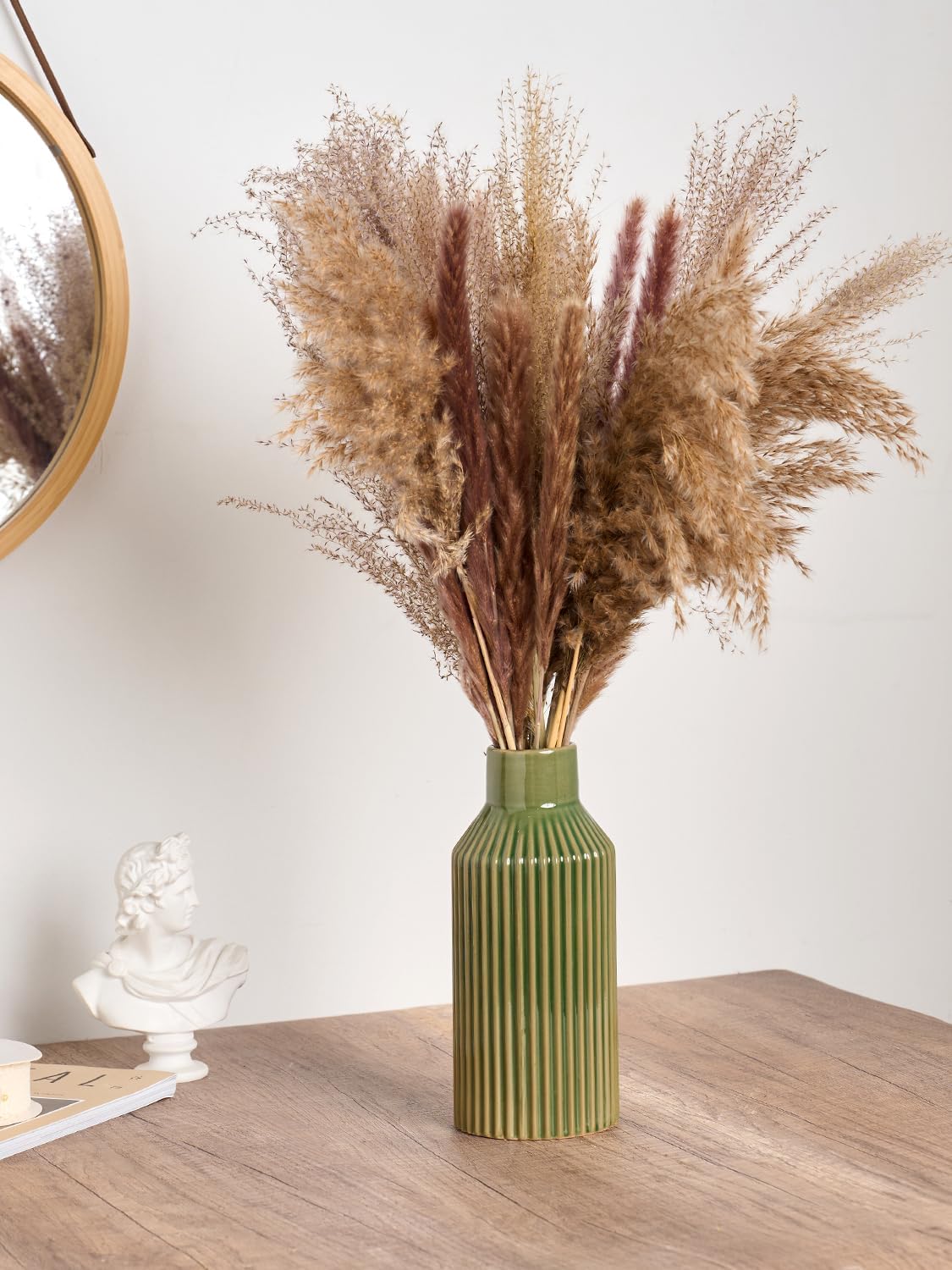 STHIE Green Ceramic Flower Vase, Minimalist Home Decoration, 8 Inch Small Pampas Grass Vases for Kitchen, Bedroom, Office, Living Room, Bathroom, Shelf Centerpiece Table