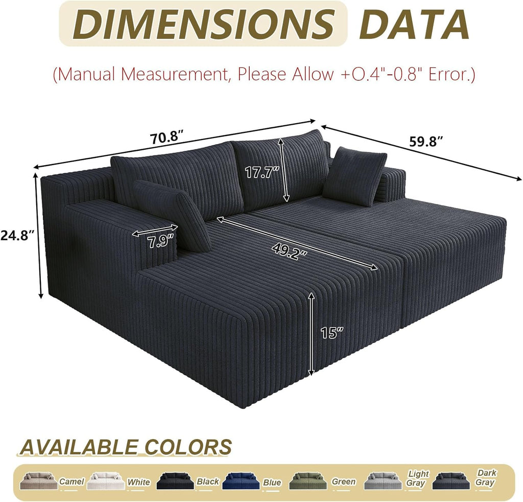 71" Oversized Double Chaise Lounges Indoor, Upholstered Corduroy Oversized Chaise Lounge Chair, Modern Sleeper Loveseat Chair Boneless Cloud Couch for Living Room Bedroom Reading (Black)