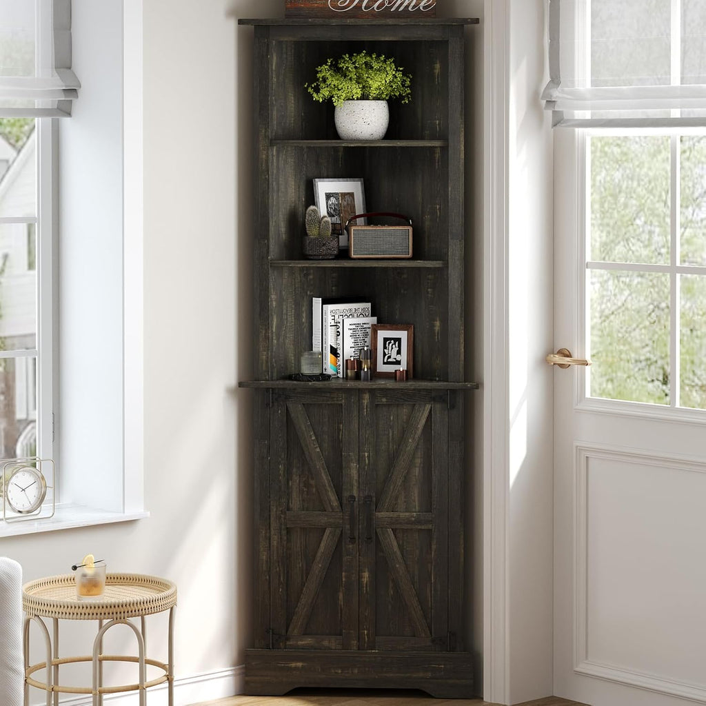 4 EVER WINNER Farmhouse Corner Cabinet, 68" Tall Corner Cabinet with 5-Tier Adjustable Shelves and Barn Doors for Small Spaces, Living Room, Dining Room, Hallway, Bathroom, Kitchen, Rustic Oak