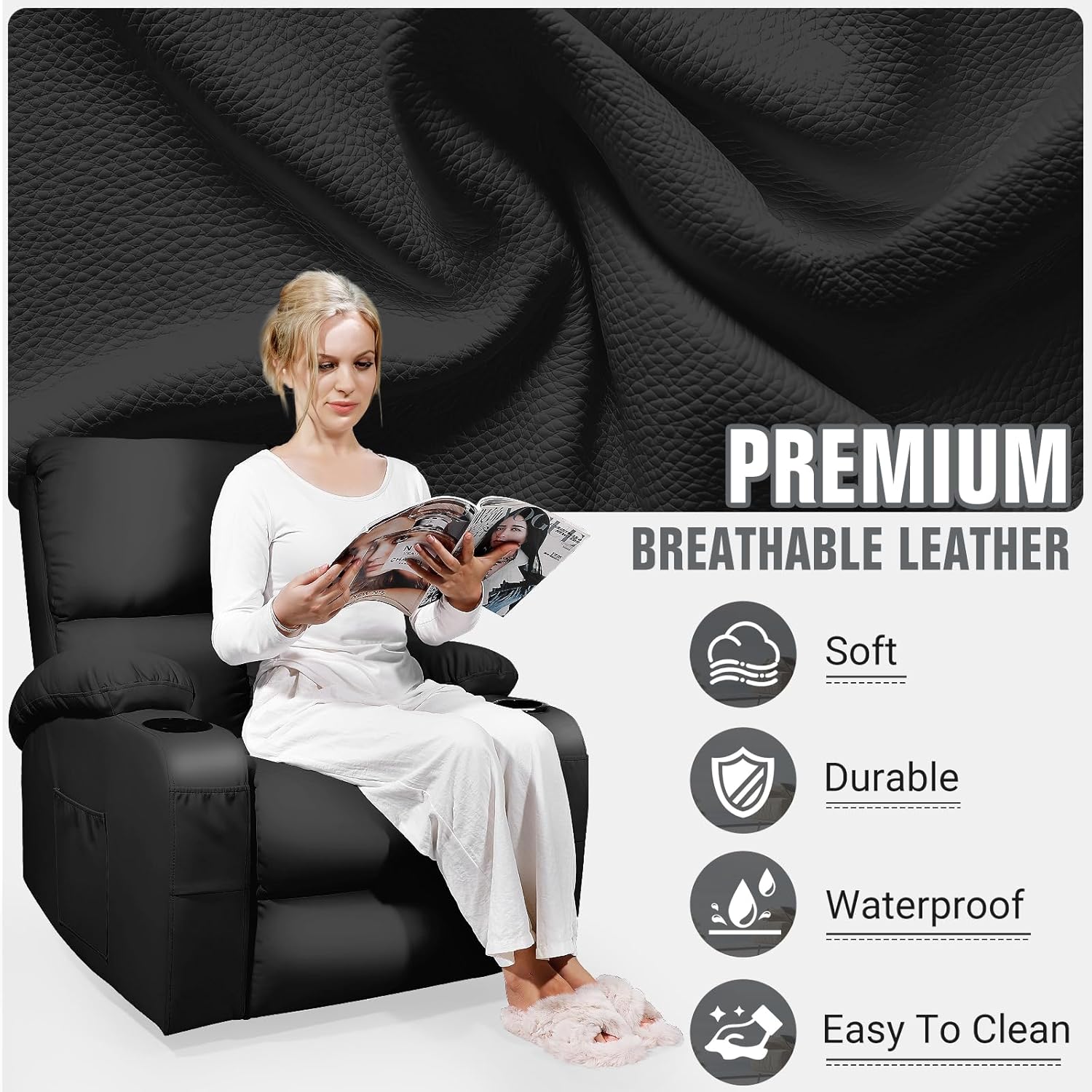 LAFWELL 360 Swivel Rocking Recliner Chair with Vibration Massage and Heat for Living Room, Bedroom, Nursery, RV, Faux Leather, Black