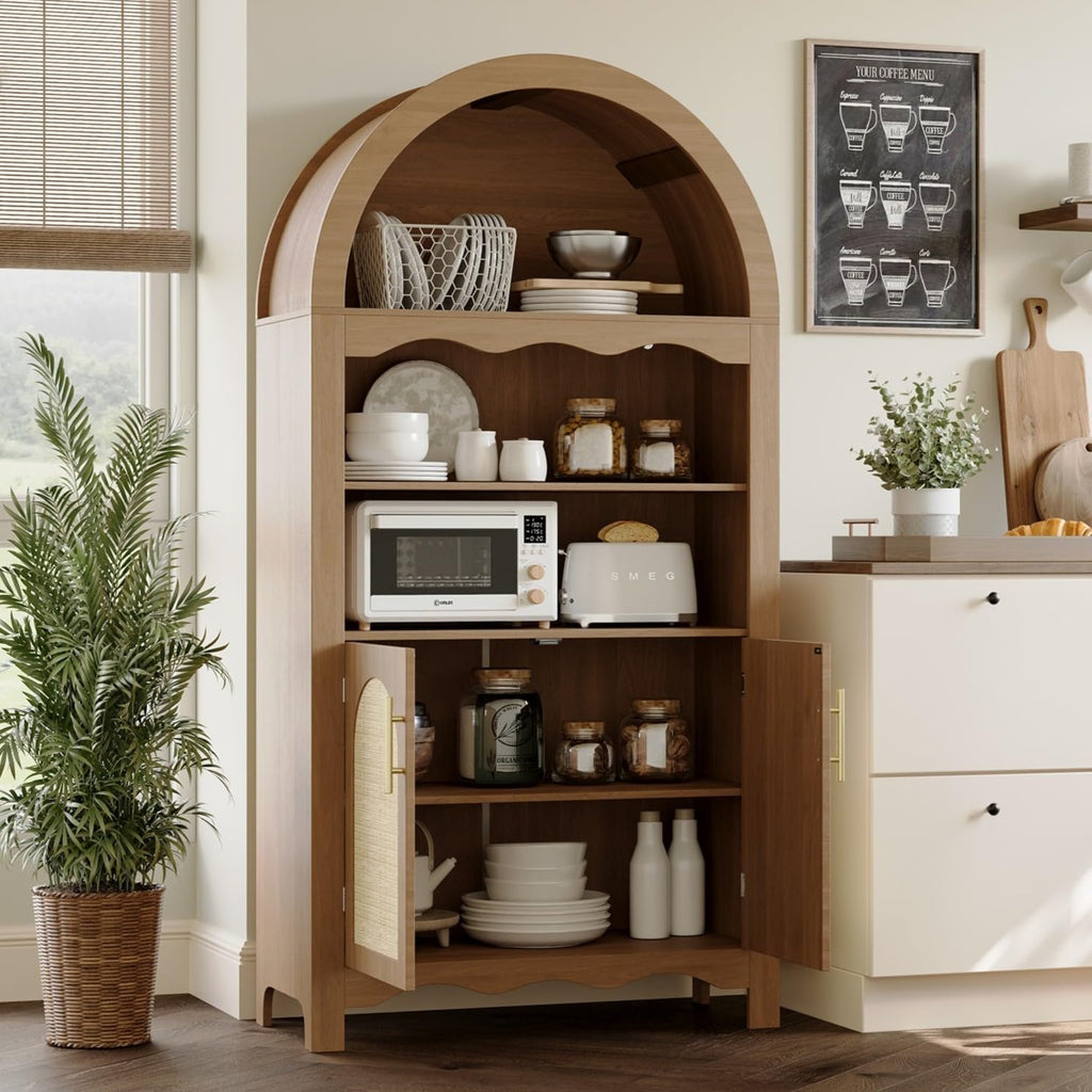 LINLUX 63" Arched Kitchen Pantry Cabinet, Arched Cabinet with Rattan Doors & Adjustable Shelves, Versatile Cupboard Arch Cabinets for Kitchen Storage, Dinning Room, Living Room, Entryway, Natural