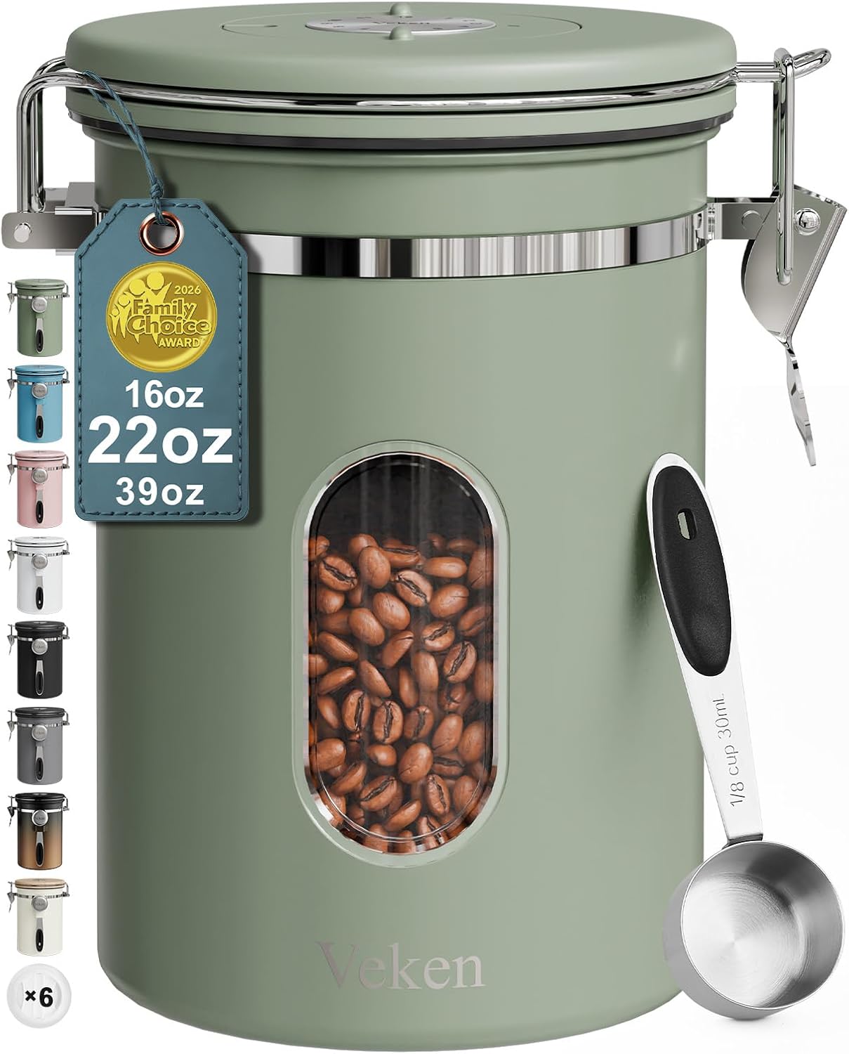Veken Coffee Canister with Window, Airtight Stainless Steel Kitchen Food Storage Container with Lids, Date Tracker and Scoop for Ground, Beans, Tea, Flour, Cereal, Sugar Jars, 22OZ, Green