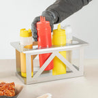 Restaurantware Squeeze Bottle Holder 1 Count Fits 1/3 Size Pan 12.79 x 7.09 x 6.26 Inch Stainless Steel Condiment Bottle Organizer - Durable Kitchen Prep Bottle Rack - Silver