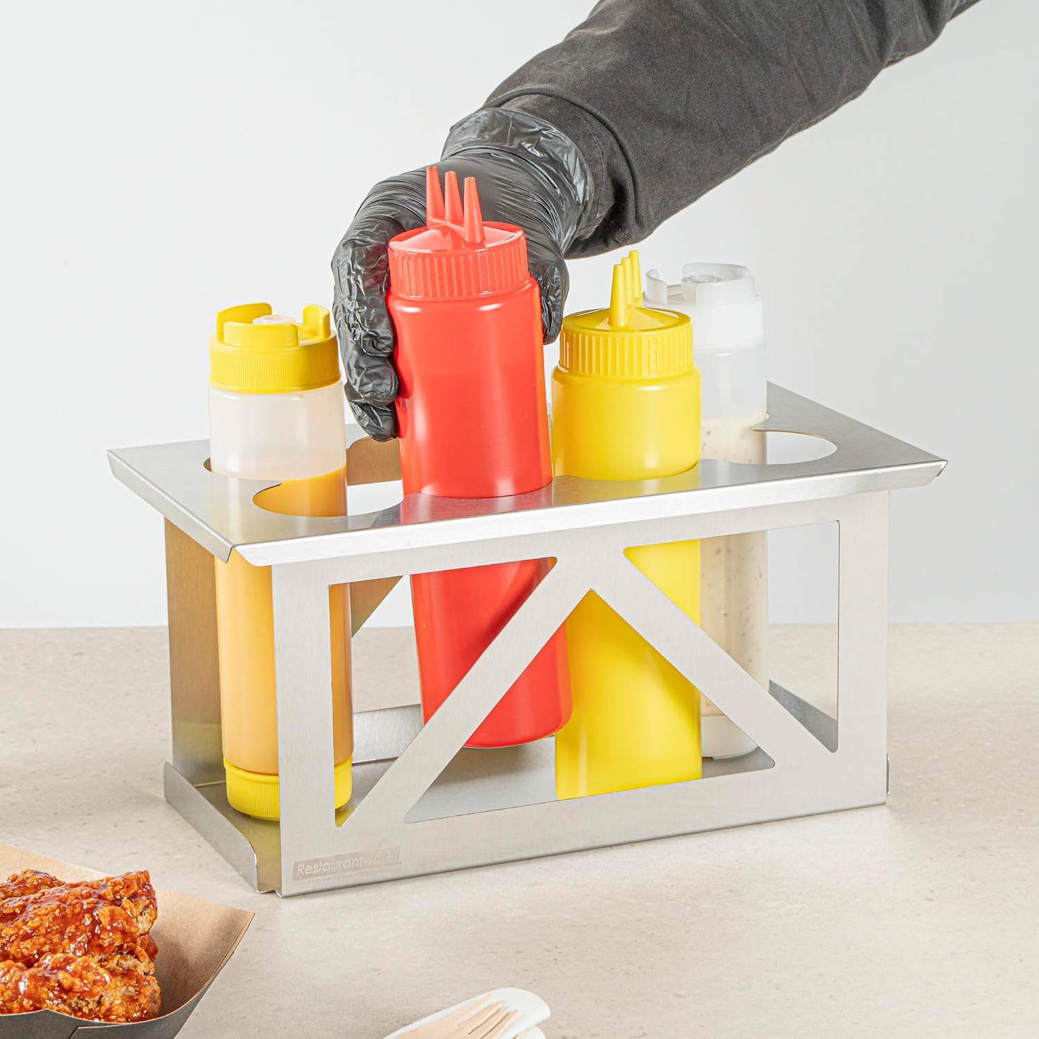 Restaurantware Squeeze Bottle Holder 1 Count Fits 1/3 Size Pan 12.79 x 7.09 x 6.26 Inch Stainless Steel Condiment Bottle Organizer - Durable Kitchen Prep Bottle Rack - Silver