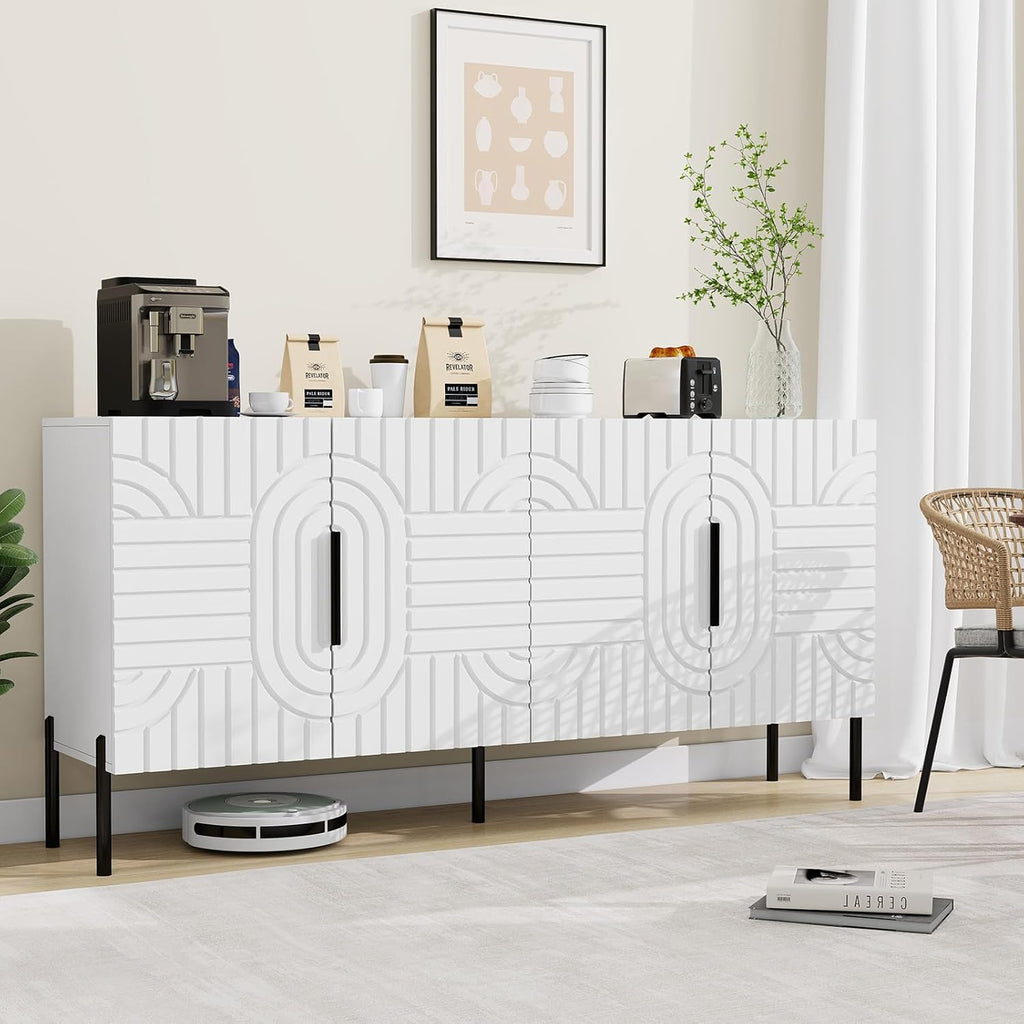White Buffet Cabinet with Storage: 63" Fluted Sideboard Cabinet with 4 Doors, Wood Credenzas for Living Room, Mid Century Modern Sideboard Cabinets (White)