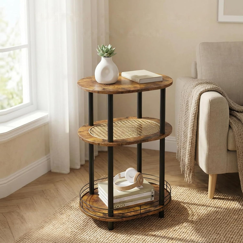 Small Rattan Side Table with Storage, 3 Tier Round/Oval End Table with Rattan Shelf, Boho Nightstand, Tool Free Assembly/Screw-Hole Free Tabletop-Living Room Bedroom-Brown