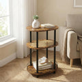 Small Rattan Side Table with Storage, 3 Tier Round/Oval End Table with Rattan Shelf, Boho Nightstand, Tool Free Assembly/Screw-Hole Free Tabletop-Living Room Bedroom-Brown