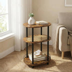 Small Rattan Side Table with Storage, 3 Tier Round/Oval End Table with Rattan Shelf, Boho Nightstand, Tool Free Assembly/Screw-Hole Free Tabletop-Living Room Bedroom-Brown