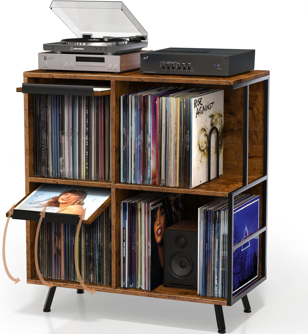 Faesun 3 Tier Flip Top Record Player Stand, Vinyl Record Storage Holds up to 300+ Albums, Large Record Player Cabinet, Vintage Turntable Stand with Vinyl Display, for Living Room Bedroom, Rustic Brown