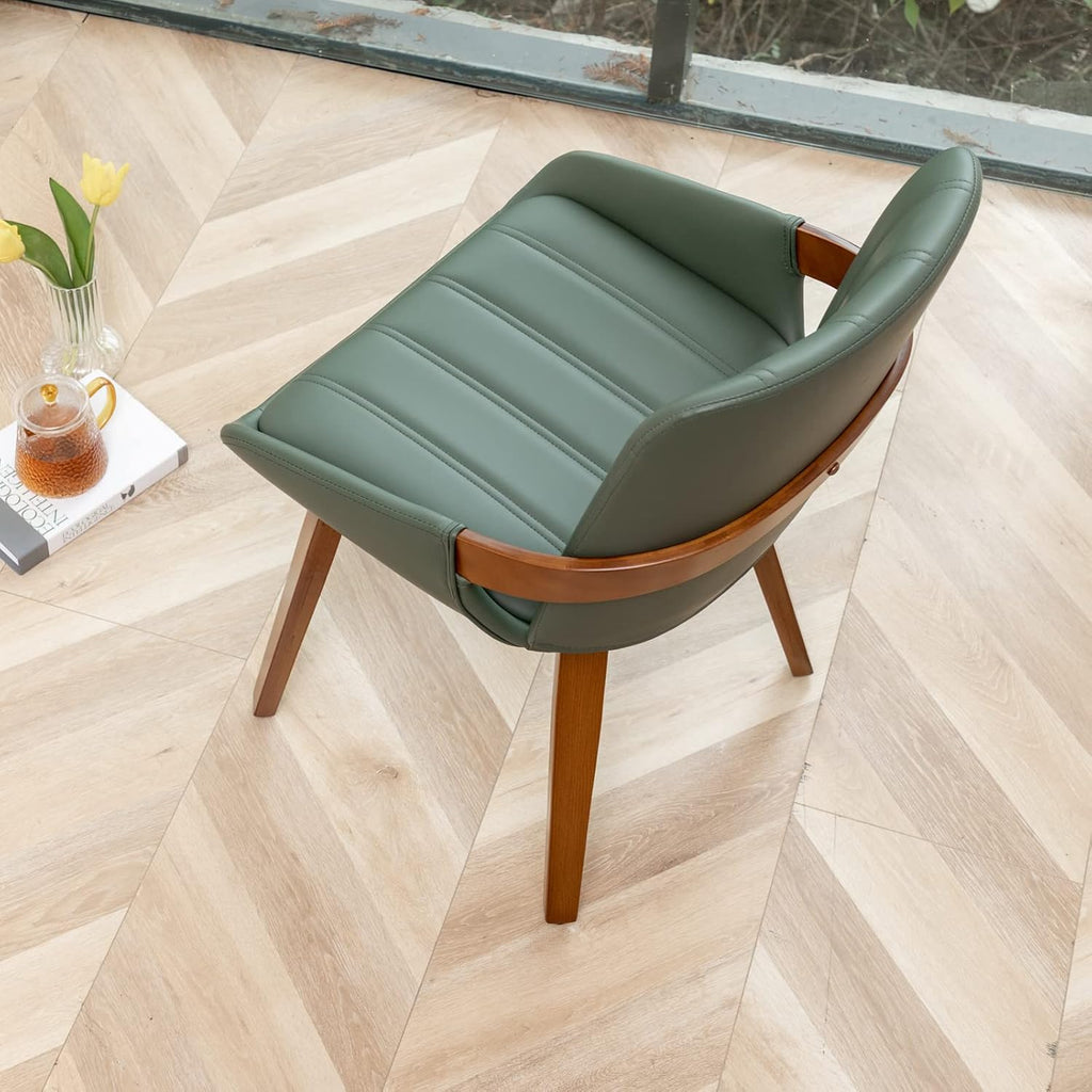 Mid Century Modern Faux Leather Upholstered Dining Room Chairs,Armless Accent Chairs with Sturdy Natural Wood Legs,Bamboo Backrest Support for Kitchen&Dining Room Chairs(1PCS,Green)