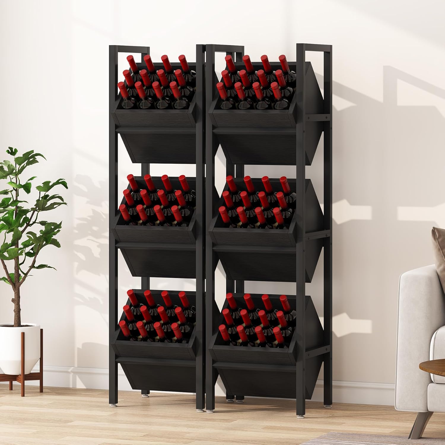 Tribesigns Wine Rack Freestanding Floor, 3 Tier Wooden Wine Storage Stand, Wobble-Free Wine Holder Display Shelf Liquor Bottle Organizer for Kitchen, Cellar (Black)