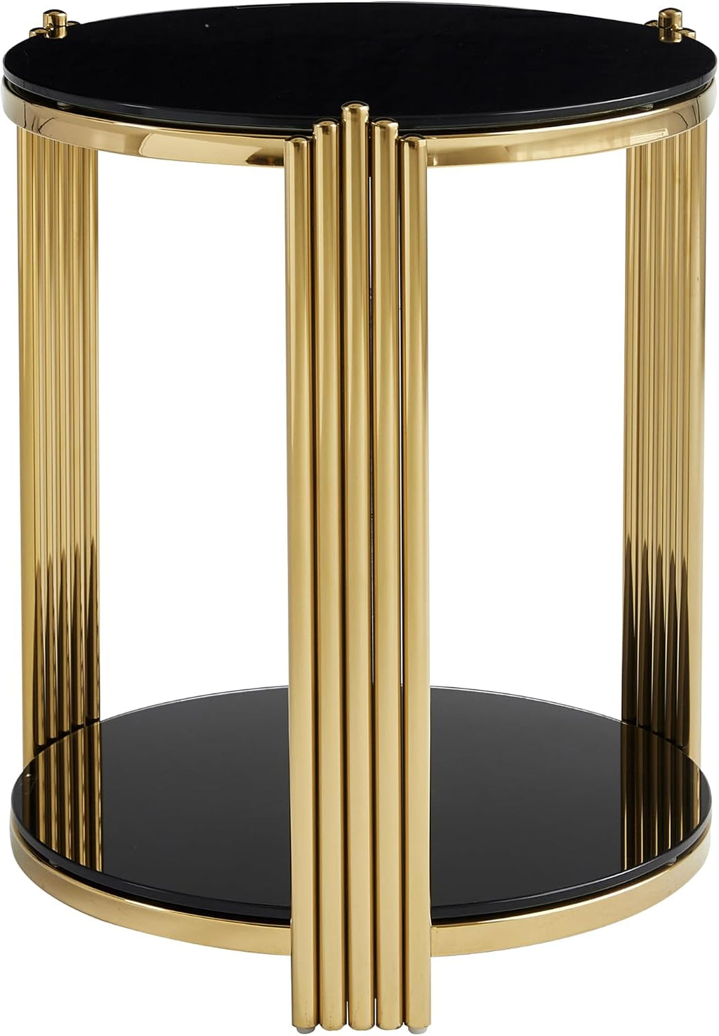 Henf Round Glass End Table Modern Luxury Accent Sofa Side Table, 2-Tier Black Glass End Tables Nightstand with Tempered Glass Top and Shiny Gold Stainless Steel Base for Living Room Bedroom