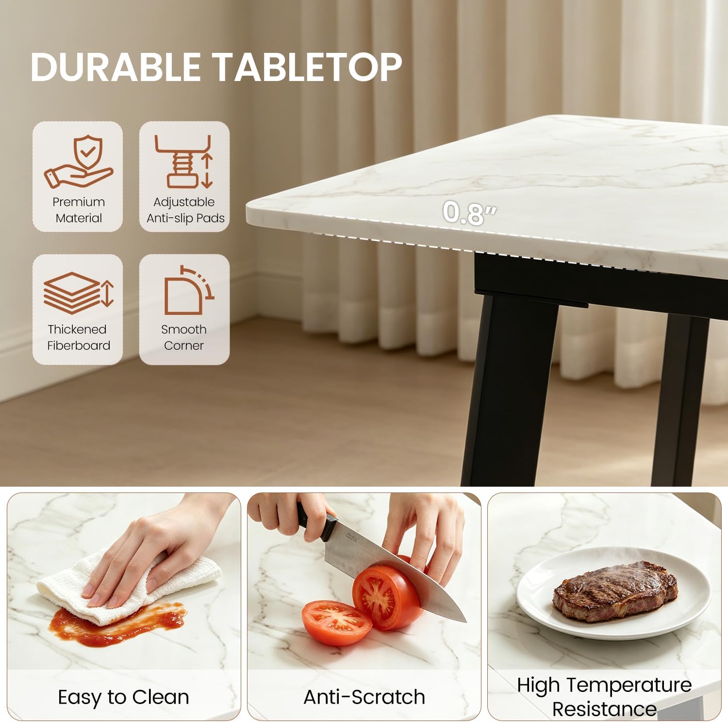 47.2"-63" Extendable Dining Room Table Set for 4-8 People, White | Removable Extension Leaf, Durable MDF Rectangle Tabletop, 6 Brown Sleek Faux Leather Chairs, Heavy Duty Modern Kitchen Table