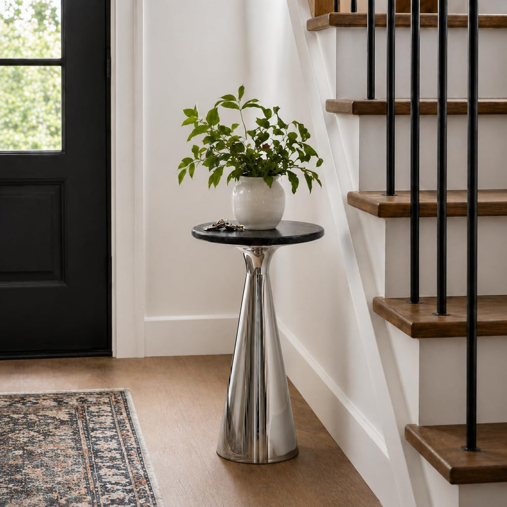 Silver Side Table with Black Marble Top | Decorative Modern End Table | Metal Base | Accent Table for Living Room | 12x12x25.5