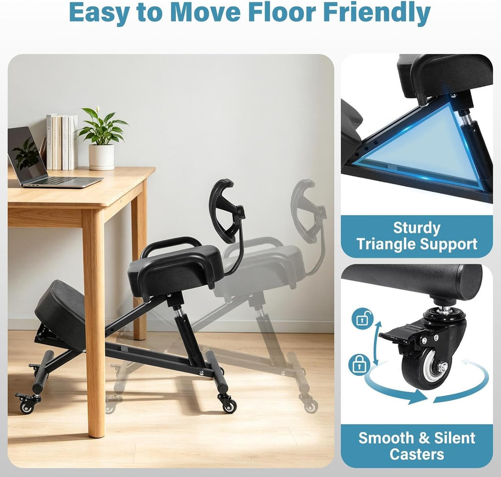 Ergonomic Kneeling Chair with Backrest & Lumbar Support, Adjustable Desk Chair with Wheels & Thick Cushion, Improve Sitting Postures & Relieve Lower Back Pressure, Perfect for Study & Work from Home