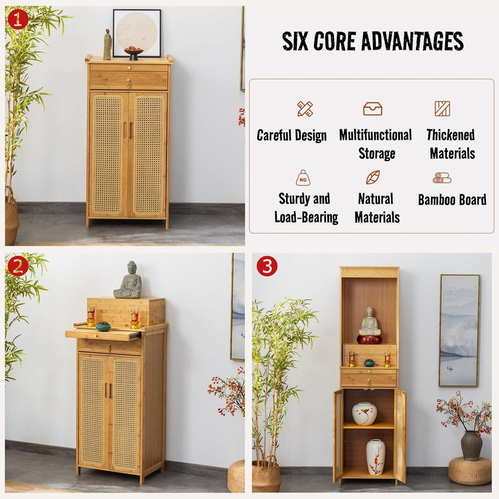 Altar Table with Double Door Storage & Layered Shelf,Chinese Style Buddhist Shrine Cabinet for Home Temple,Meditation Display Table with Vintage F Original Color L60xW38xH185cm/23.6x15x72.8in