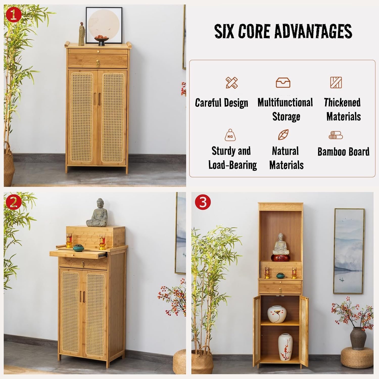 Altar Table with Double Door Storage & Layered Shelf,Chinese Style Buddhist Shrine Cabinet for Home Temple,Meditation Display Table with Vintage F Original Color L60xW38xH185cm/23.6x15x72.8in