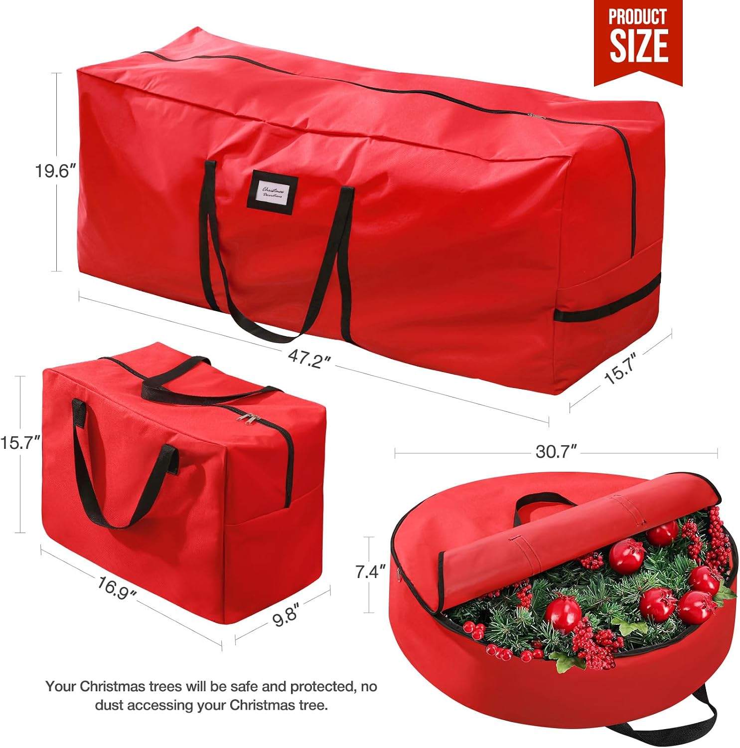 3 Pack Christmas Tree Storage Bag, for 7.5 Ft Artificial Trees up, Durable Waterproof With Reinforced Carrying Handles, Xmas Holiday Garland Bag Storage Case (7.5 Ft, Red)
